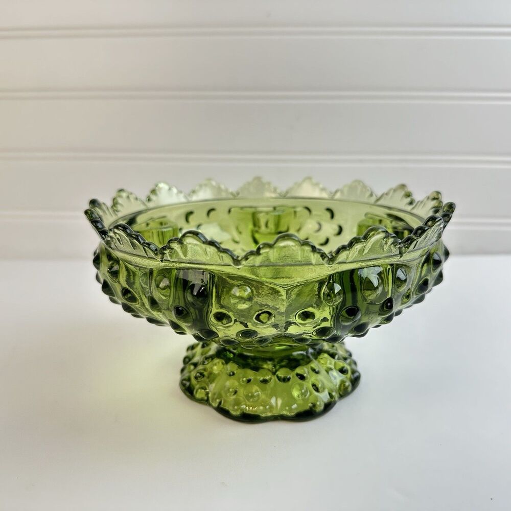 Fenton Art Glass Hobnail Colonial Green Vintage Pedestal Taper Candle Holder